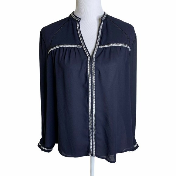 GREYLIN Split Neck Long Sleeve Crochet Trim Blouse - Picture 1 of 11